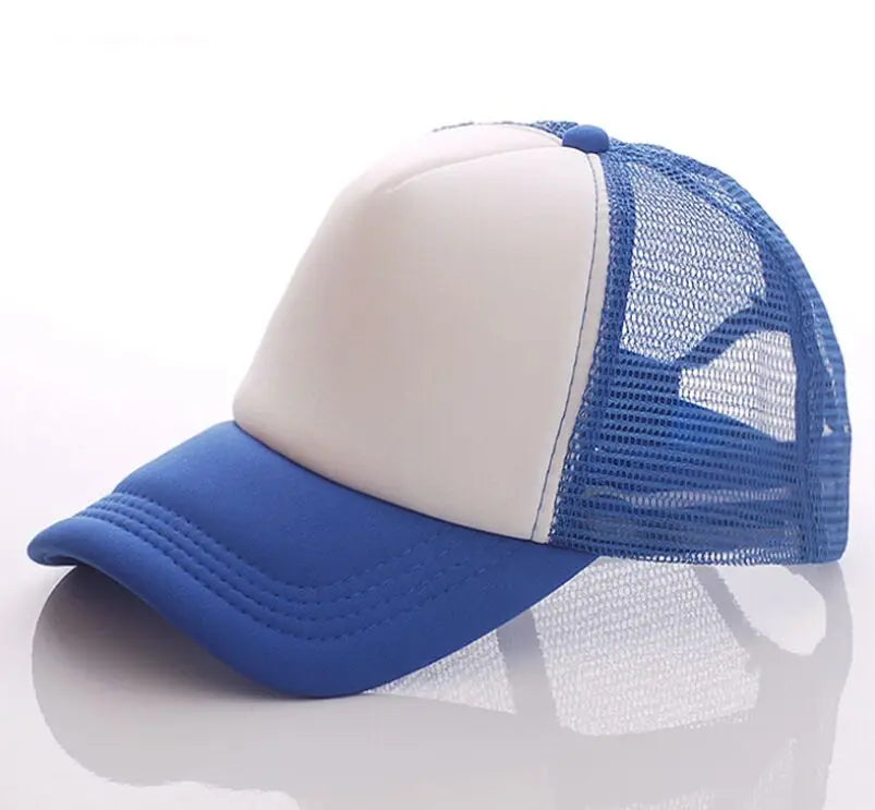 A light beige trucker hat with a blue mesh back and a royal blue curved brim.