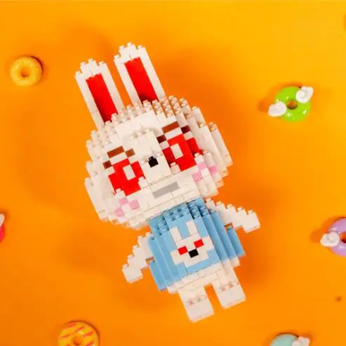 A white and pink rabbit figure made of building blocks is shown against an orange background.