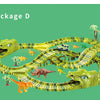 A yellow dinosaur themed LED flexi-track racing car set featuring various dinosaurs and a vehicle on a green track.