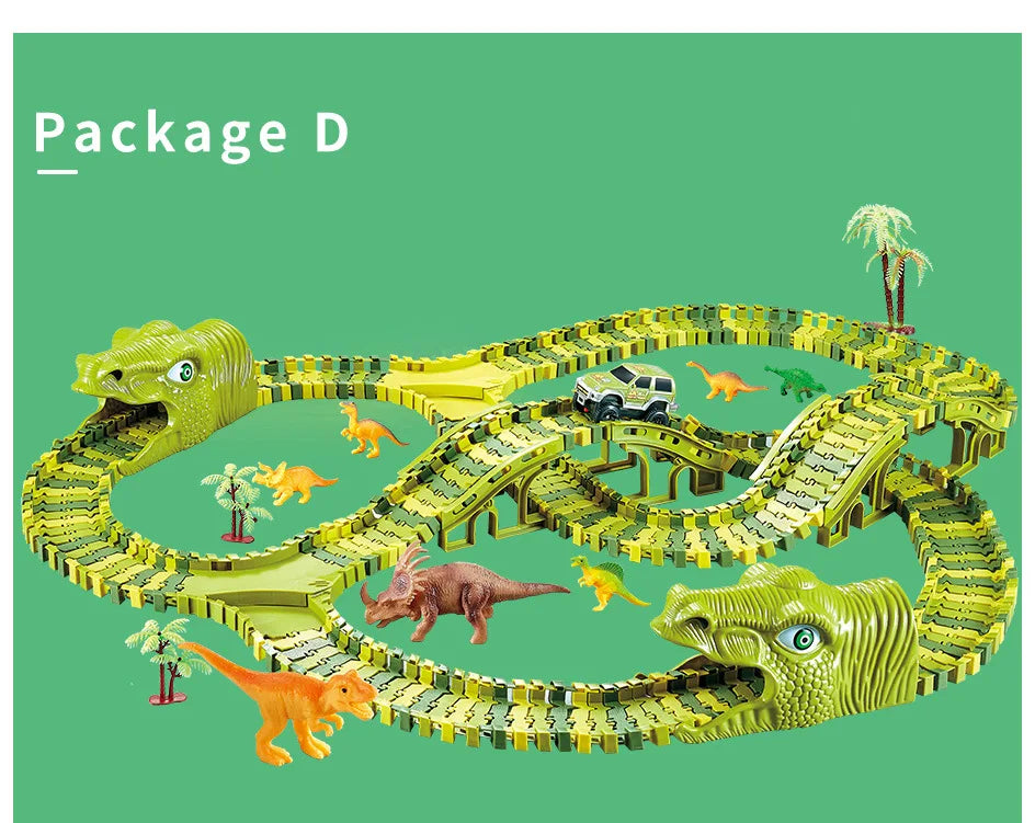 A yellow dinosaur themed LED flexi-track racing car set featuring various dinosaurs and a vehicle on a green track.