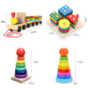 Wooden sensory blocks and stacking rings in various colors and sizes for Montessori play