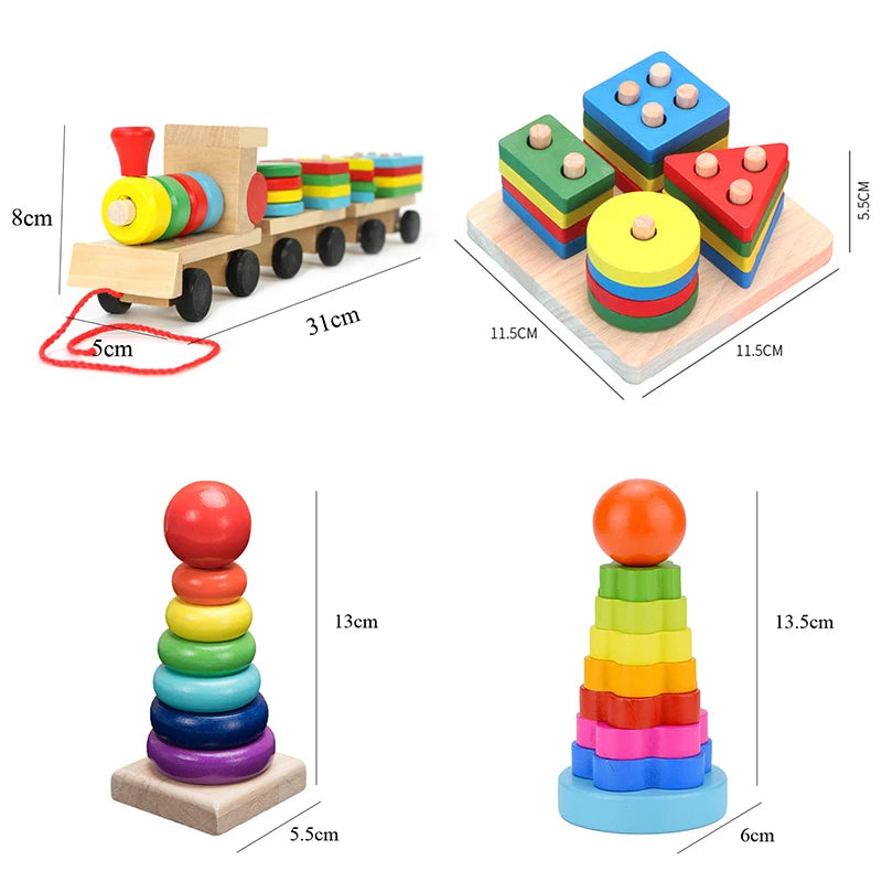 Wooden sensory blocks and stacking rings in various colors and sizes for Montessori play