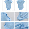 Front and back views of a light blue letter print cotton baby bodysuit with ribbed sleeves and elasticized leg openings.