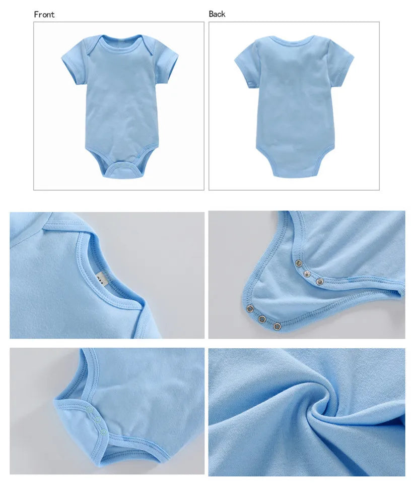 Front and back views of a light blue letter print cotton baby bodysuit with ribbed sleeves and elasticized leg openings.