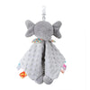 A gray plush baby comforter security toy with a teether attached.