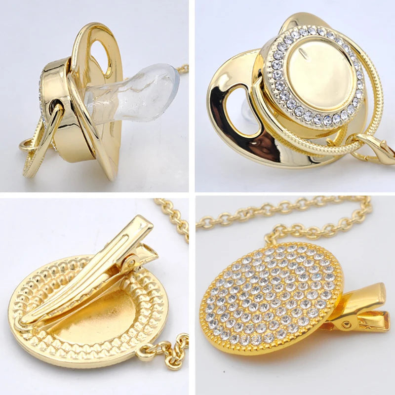 Gold initial rhinestone pacifier with clip and a round rhinestone charm