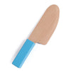A wooden cutting toy set with a light wood blade and a blue handle.
