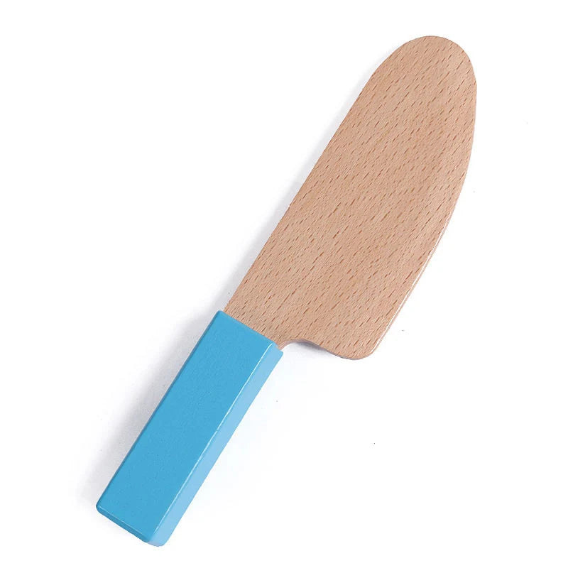 A wooden cutting toy set with a light wood blade and a blue handle.
