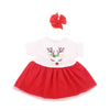 A red and white handmade doll dress for an 18-inch American Girl doll with a bow detail.