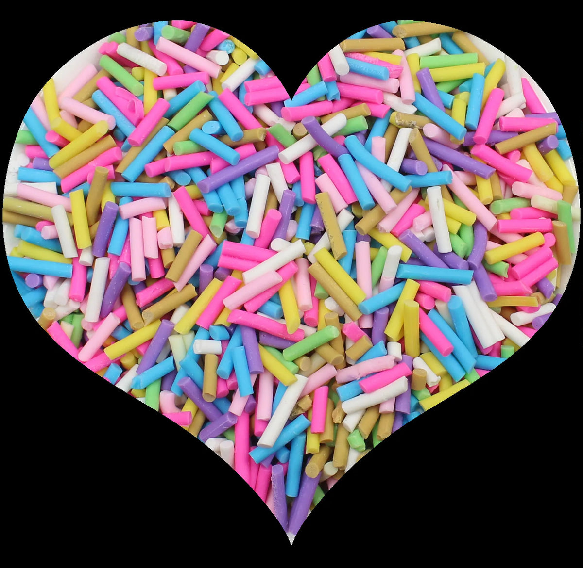 A heart shape filled with colorful soft polymer clay candy sprinkles for cake decorating