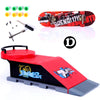 A finger skateboard park set featuring a red ramp and board, along with small hardware components.