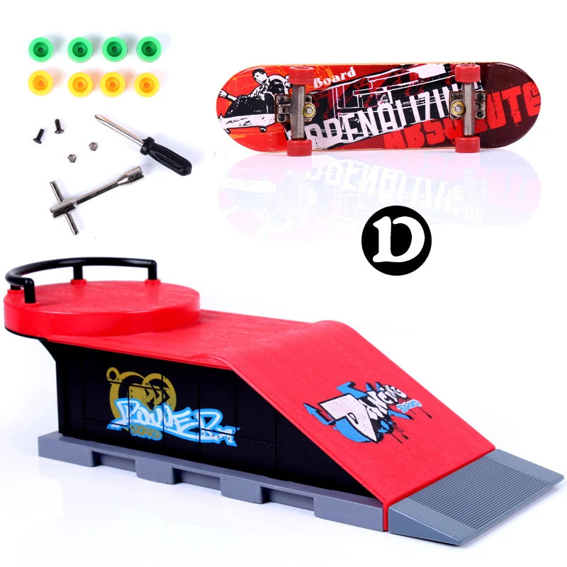 A finger skateboard park set featuring a red ramp and board, along with small hardware components.