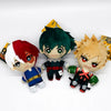 Three My Hero Academia plush pendant dolls featuring characters like Izuku Midoriya and Katsuki Bakugo
