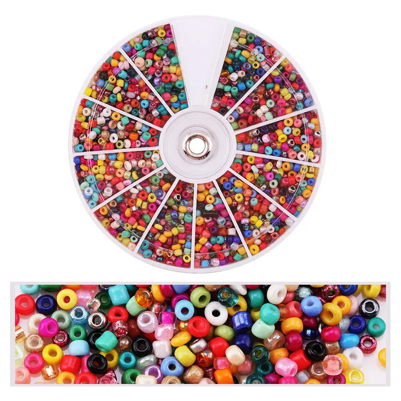A circular display of 12 colors of glass seed beads for DIY jewelry making