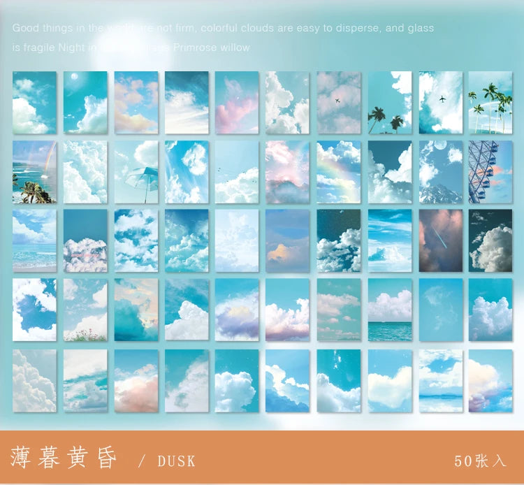 A collection of 50 aesthetic landscape stickers featuring clouds, skies, and nature scenes for scrapbooking.