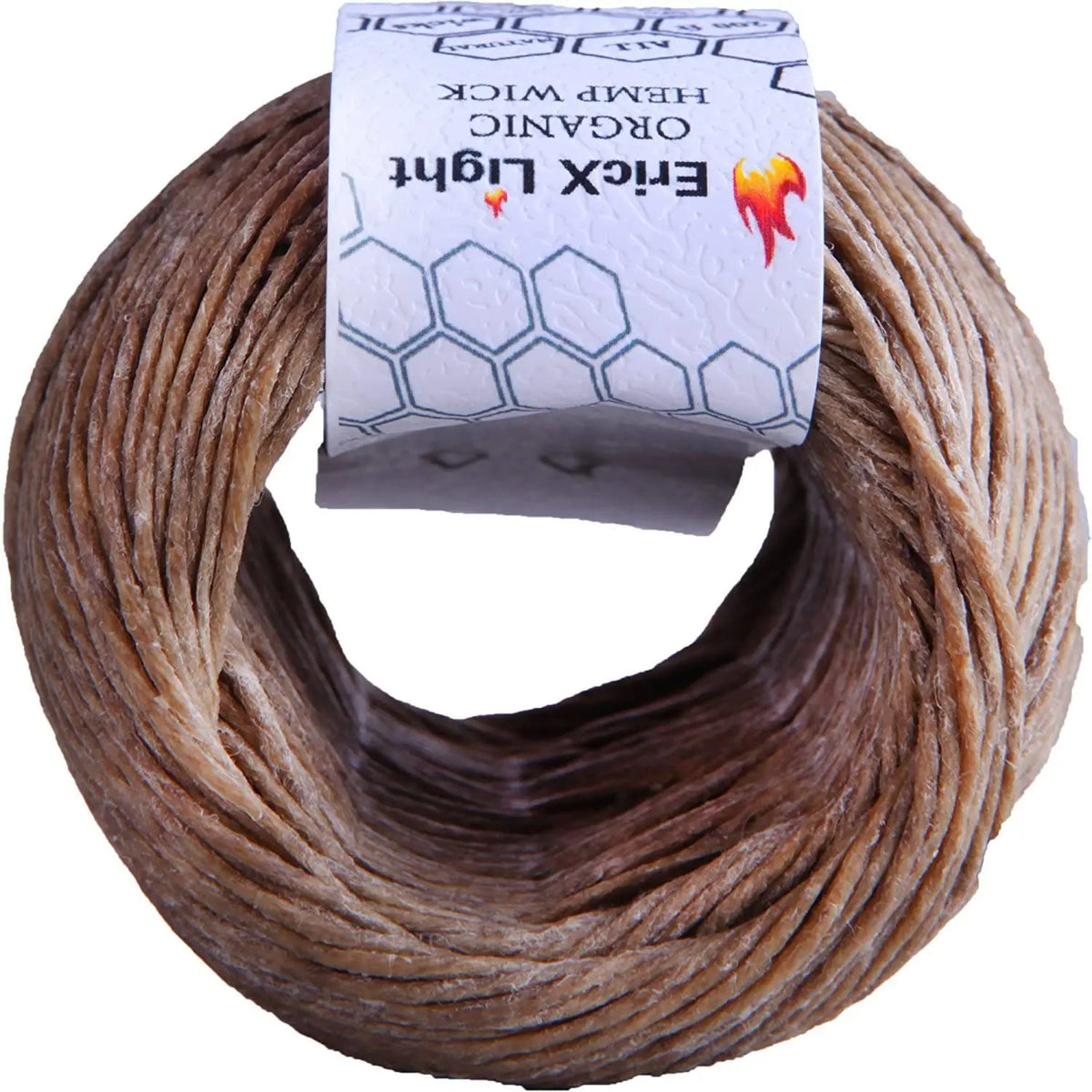 A spool of brown organic hemp wick with a white label showing the product details.