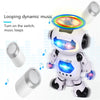 A white robot with glowing blue lights is shown performing a looping dynamic music routine.