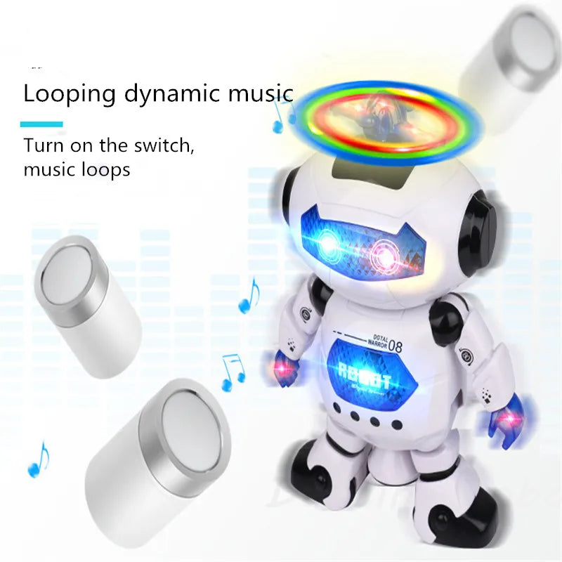 A white robot with glowing blue lights is shown performing a looping dynamic music routine.