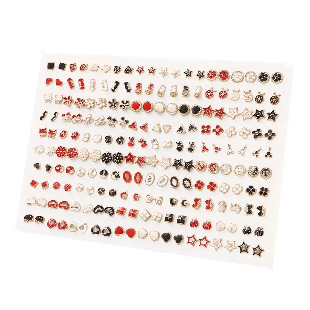 Assorted acrylic stud earrings set featuring hearts, stars, and moons in various colors and finishes