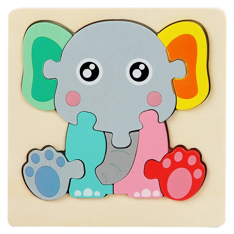 A wooden puzzle depicting a stylized elephant with colorful ears and body parts for children's learning.