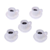 A set of five small white resin coffee cups designed for dollhouse kitchens.