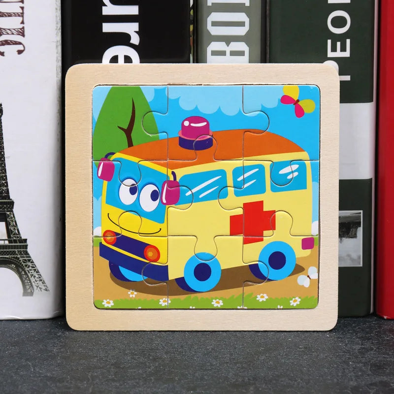 A wooden tangram puzzle depicting a yellow ambulance with a red cross and colorful decorations.