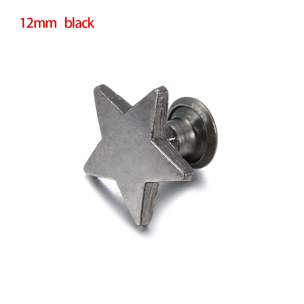 A 12mm black decorative star-shaped brass rivet for leather craft and DIY projects.
