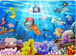 A colorful wooden jigsaw puzzle featuring an underwater scene with fish, sea creatures, and coral.