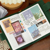 An open sticker book featuring nature and art designs for scrapbooking with a green leather cover.