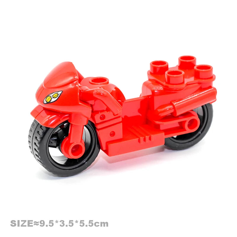 Red city traffic building block set featuring vehicles and a trailer