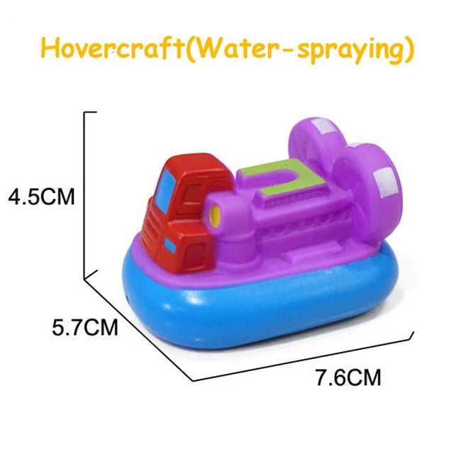 A purple and red rubber bath toy featuring a vehicle design with water-spraying features.