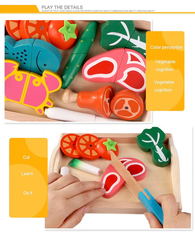 A wooden magnetic fruit and vegetable cutting play set showing various fruits and vegetables for cognitive development.