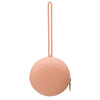A soft silicone pacifier holder in a dusty rose color with a loop and a clip.