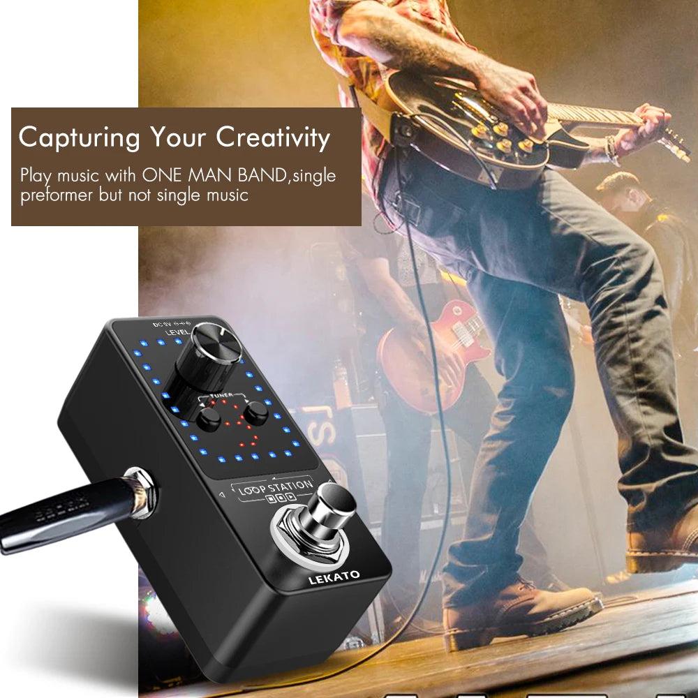 A black LEKATO looper guitar pedal is shown next to a musician playing an electric guitar on stage.