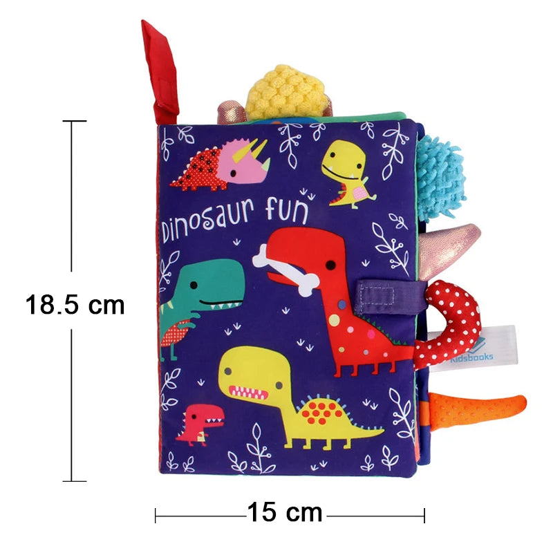 A colorful cloth book featuring dinosaur and animal figures for baby sensory development.