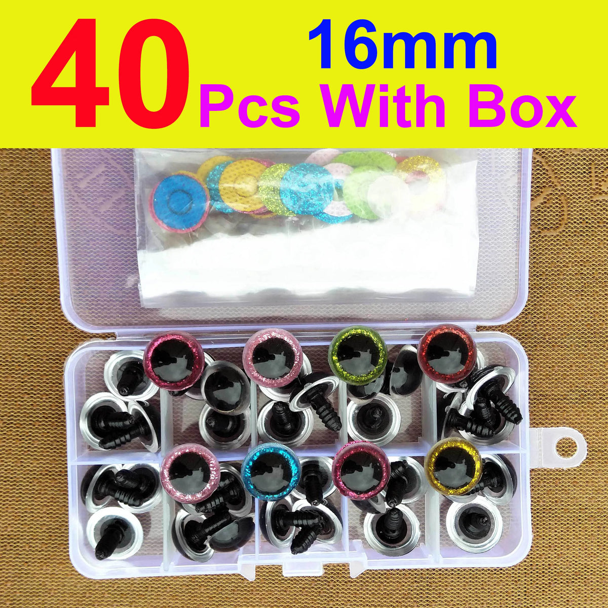 A box containing 40 colorful plastic safety eyes with a box for dolls and amigurumi