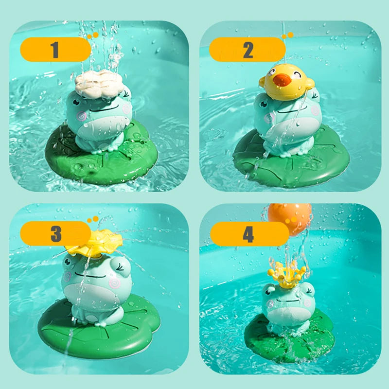Four steps showing a floating electric water sprinkler frog bath toy being used in water.