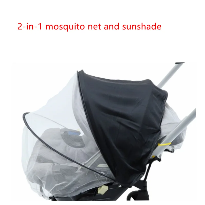 A 2-in-1 mosquito net and sunshade accessory kit for a stroller, showing the clear netting and black shade fabric.