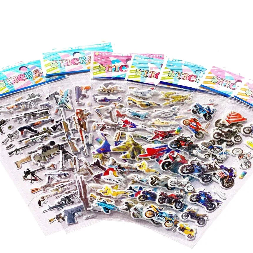 A sheet of 3D puffy stickers featuring various vehicles and fun designs for kids.