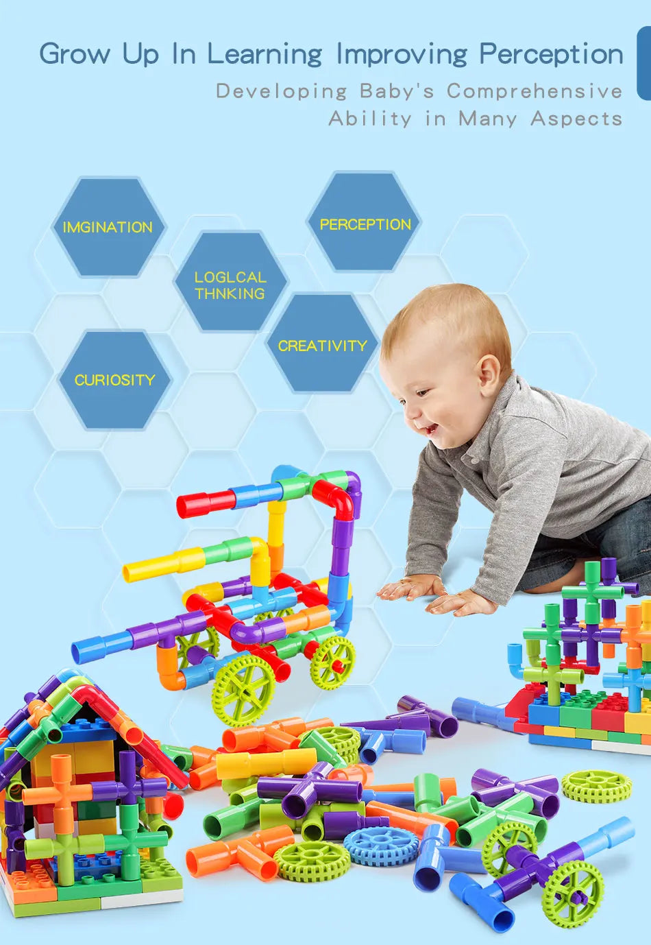 A pile of colorful Montessori water pipe building blocks and wooden toys scattered on a light blue surface.