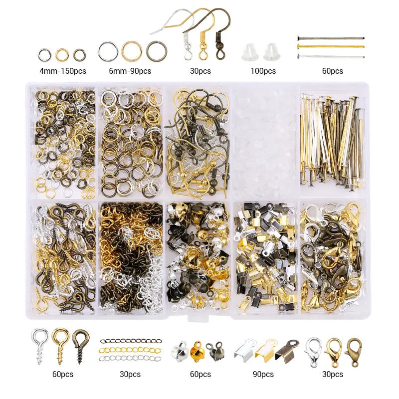 A collection of jewelry making supplies including various findings, tools, and components packaged in clear plastic.