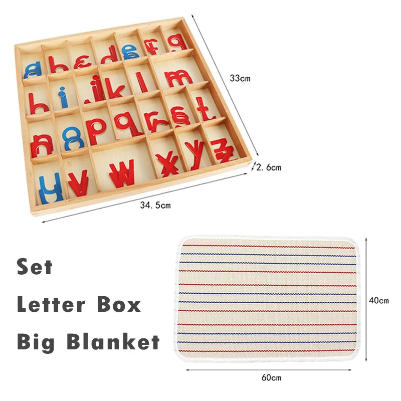 A wooden alphabet box set featuring red and blue letter cards arranged in a grid.