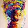 Vibrant abstract portrait of an African woman with purple and yellow hues created using diamond painting techniques.