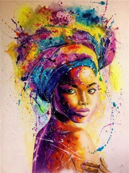 Vibrant abstract portrait of an African woman with purple and yellow hues created using diamond painting techniques.