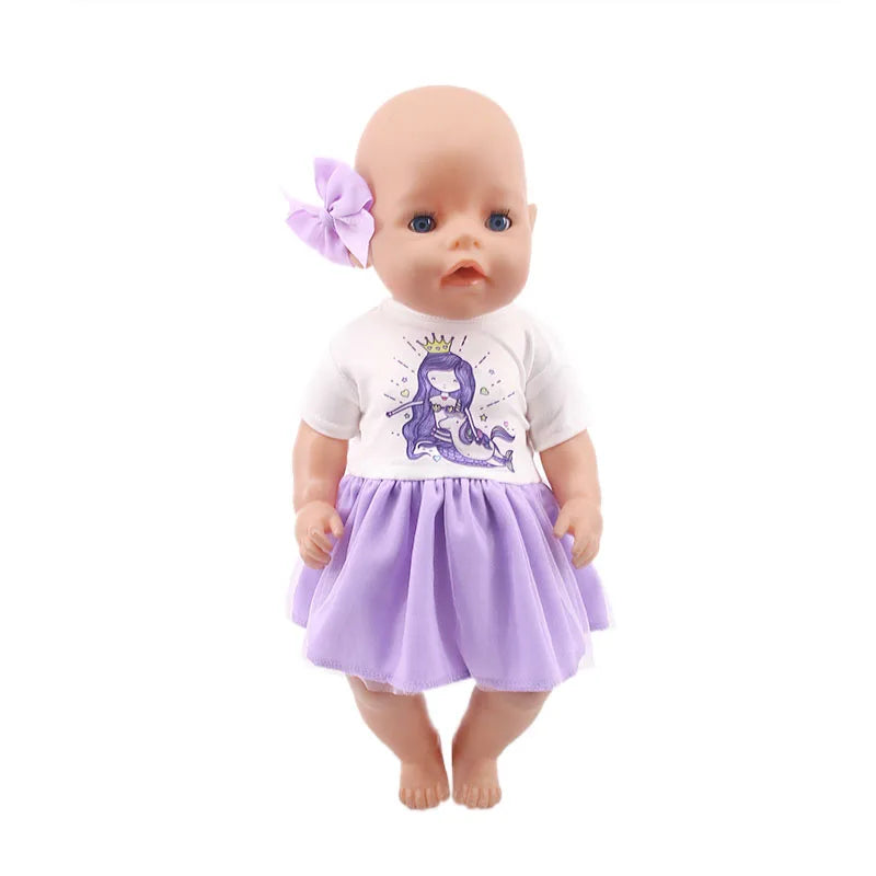 A baby doll with light skin, pink hair, and a purple dress and bow.