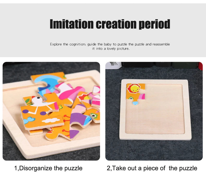 A wooden tangram puzzle showing disorganized pieces and a single piece taken out on a dark surface.