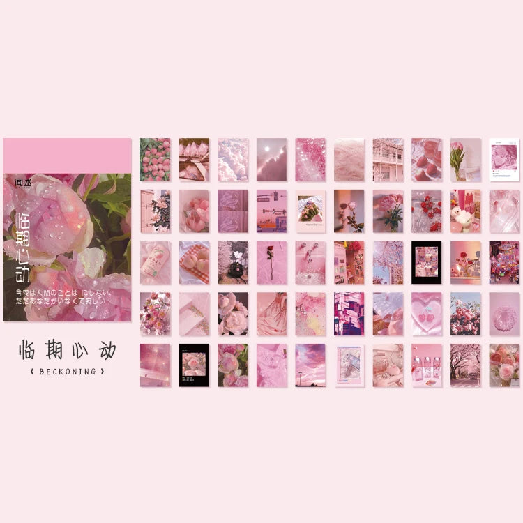 A collection of 50 aesthetic landscape stickers featuring various nature and art designs in shades of pink and floral tones.