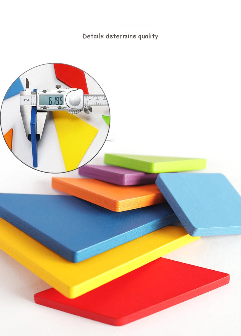 Colorful wooden tangram puzzle pieces arranged on a white surface with a measuring tool nearby.