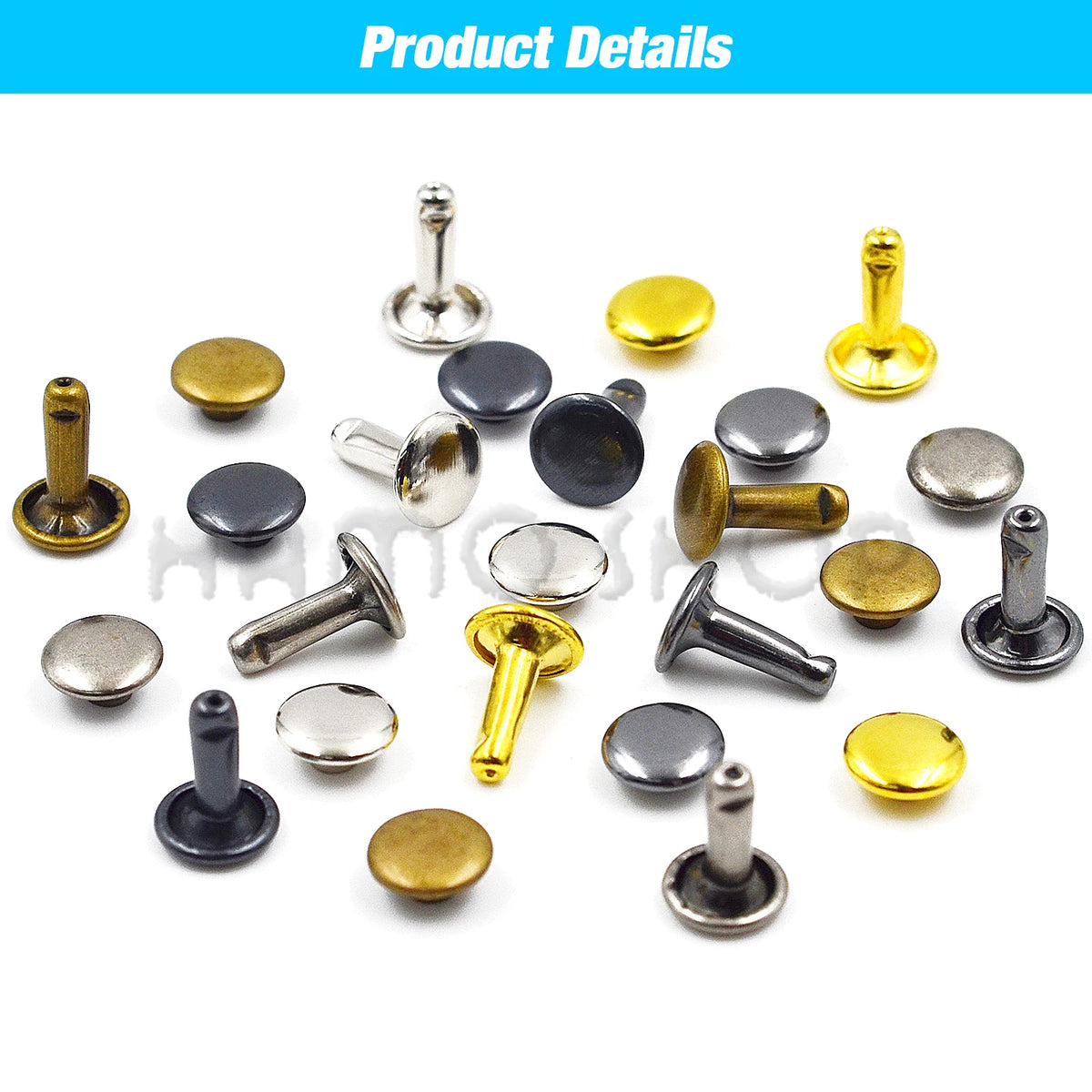 A collection of various metal double cap rivets in gold, silver, and black finishes.