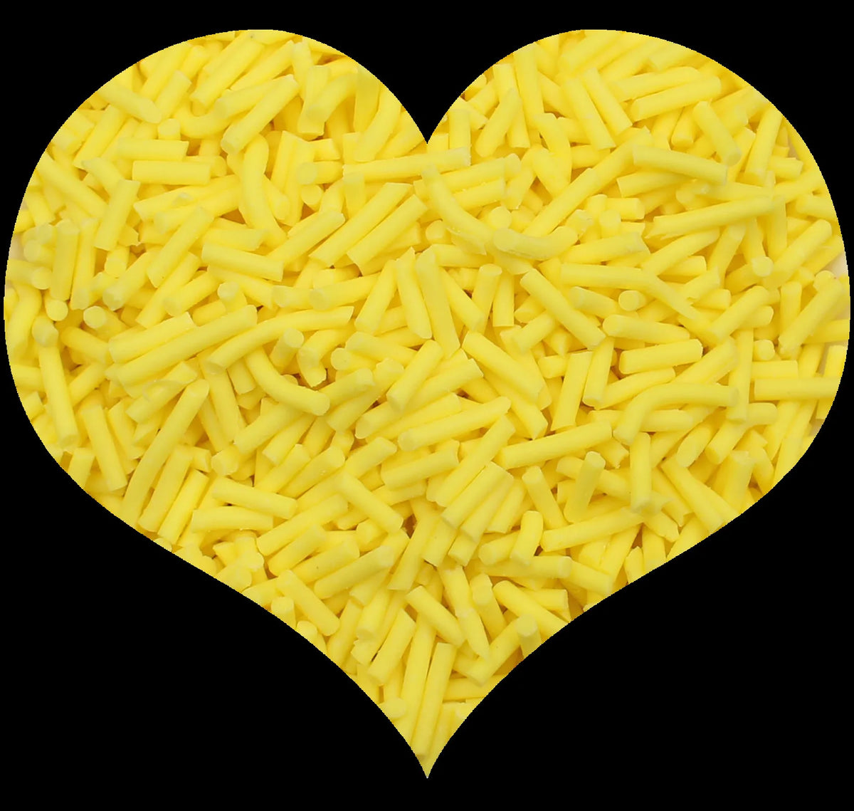 A heart shape made of yellow soft polymer clay candy sprinkles for cake decorating